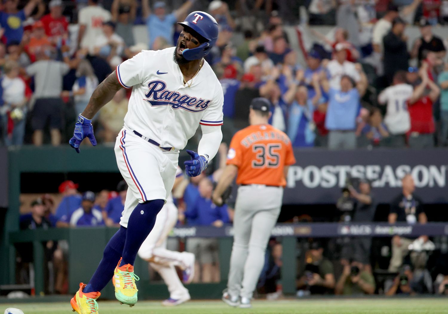 Oct 20, 2023; Arlington, Texas, USA; Texas Rangers right fielder Adolis Garcia (53) celebrates after hitting a three-run home run during the sixth inning of game five in the ALCS against the Houston Astros for the 2023 MLB playoffs at Globe Life Field. Mandatory Credit: Kevin Jairaj-USA TODAY Sports